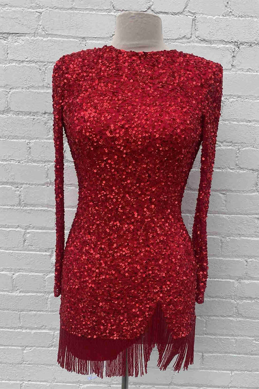 Long Sleeve Bodycon Homecoming Dress with Fringe fg3577