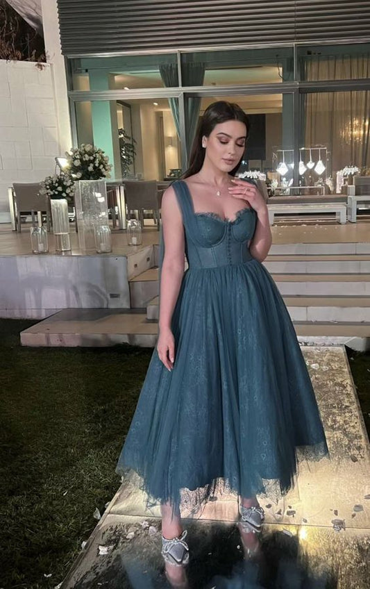 Gray Blue Straps Lace Tulle Popular Modest Prom Dress fg2550