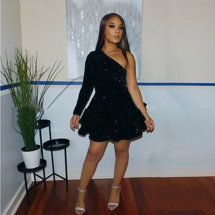 Sparkly Sequin Cocktail Dresses Short A Line One Shoulder African Women Formal Long Sleeve Homecoming Dress fg3459
