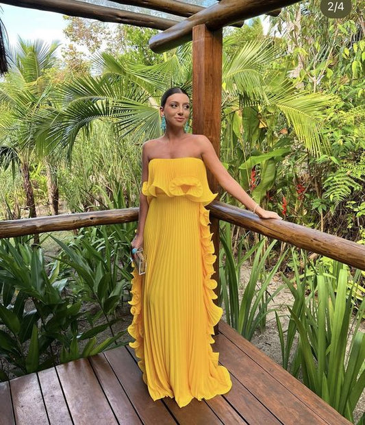 Yellow Pleated Prom Dresses Long Evening Gowns Formal Party Wear fg3925