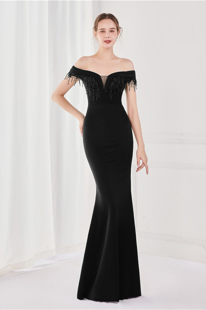 Dark Green V-Neck Mermaid Off-The-Shoulder Evening Dress With Appliques Tassel
