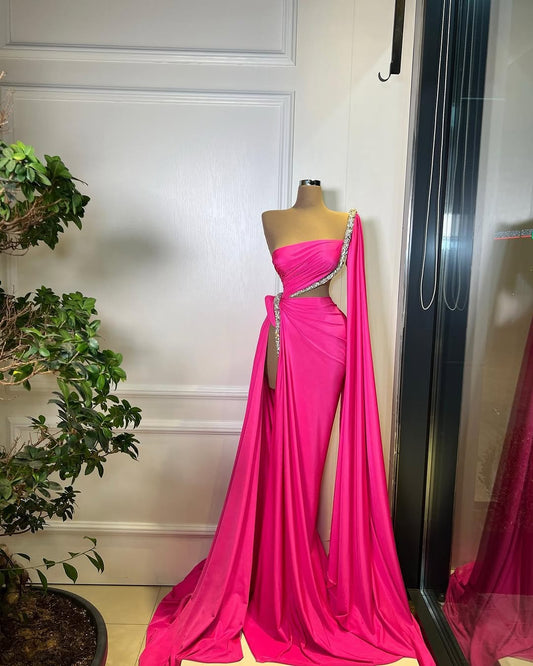 Fuchsia Sleeveless Strapless Mermaid Beads Prom Dress