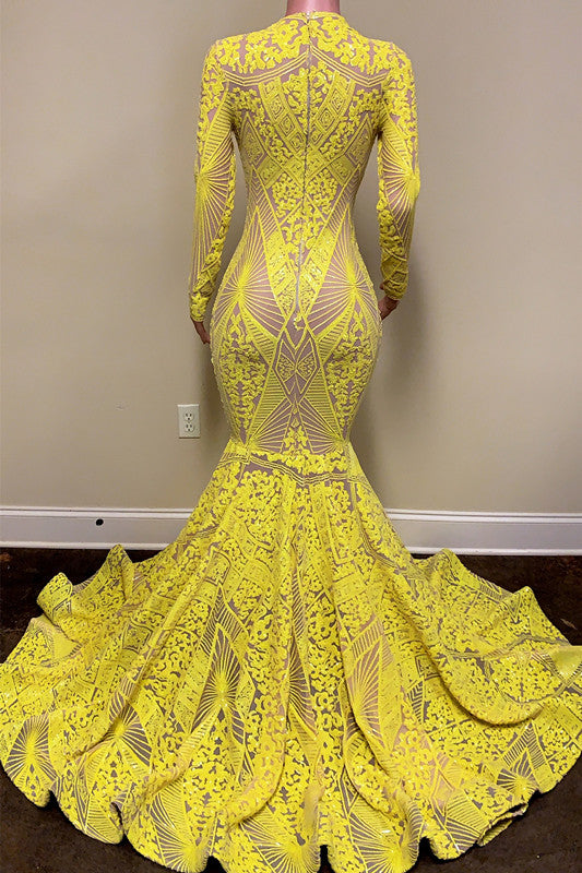 Bright Yellow Long Sleeves Mermaid Prom Dress Sleeveless Trumpet