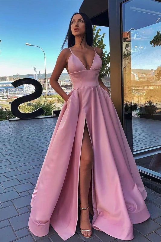 Elegant Spaghetti-Straps A Line Split Evening Dress With Pockets