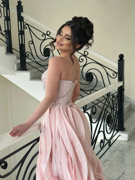 Elegant Pink Strapless Evening Dress A-Line Floor Length with Beading