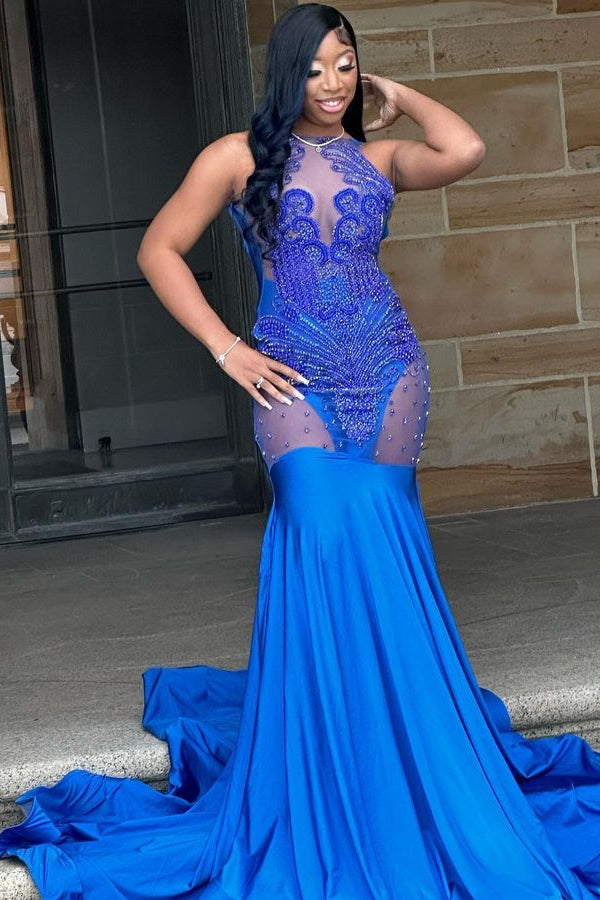 Royal Blue Beaded Mermaid Prom Dress Sequins With Appliques