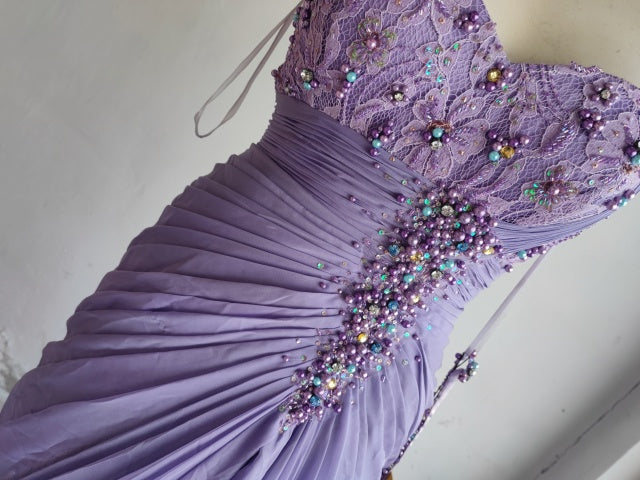 Elegant Purple Sweetheart Beaded Lace Pleated Tulle Long Prom Dress Evening Dress P4718