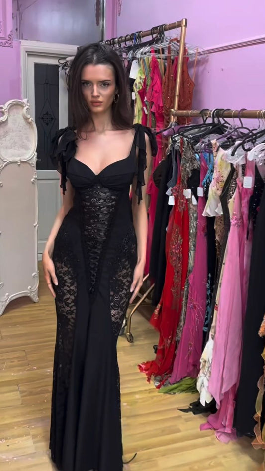 Sexy Black Mermaid Straps Lace Chiffon Long Party Dress Evening Dress Date Dress SH3464