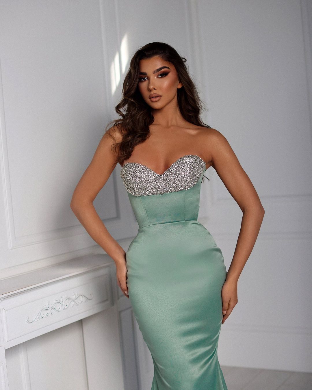 Sweetheart Sage Mermaid A Line Prom Dress With Pearls