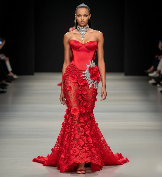 Red Sleeveless Strapless Mermaid Sweetheart Prom Dress With Handmade Flower
