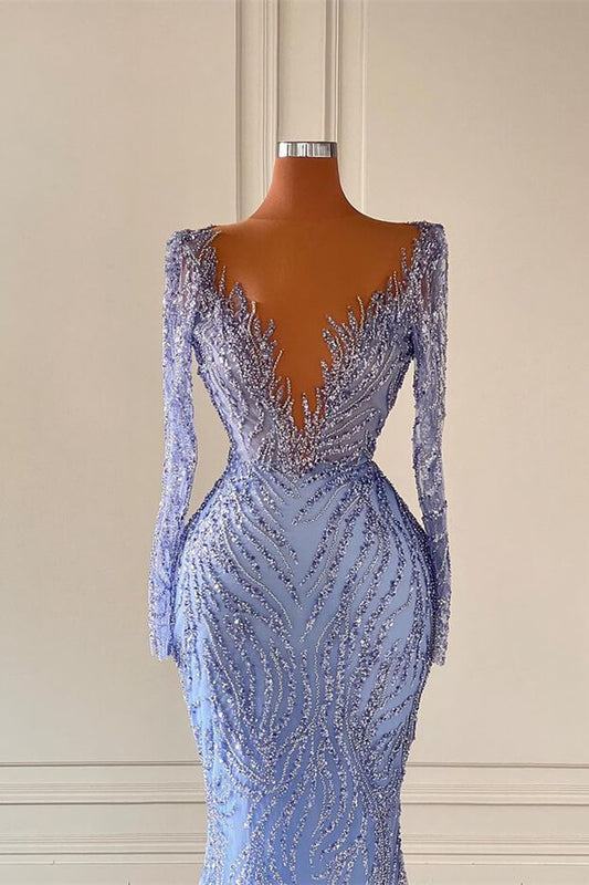 Elegant Long sleeves V Neck Mermaid Evening Dress With Sequins Beadings