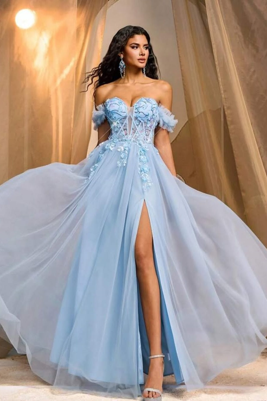 Sleeveless Strapless Off-Shoulders Split Prom Dress With Handmade Flower
