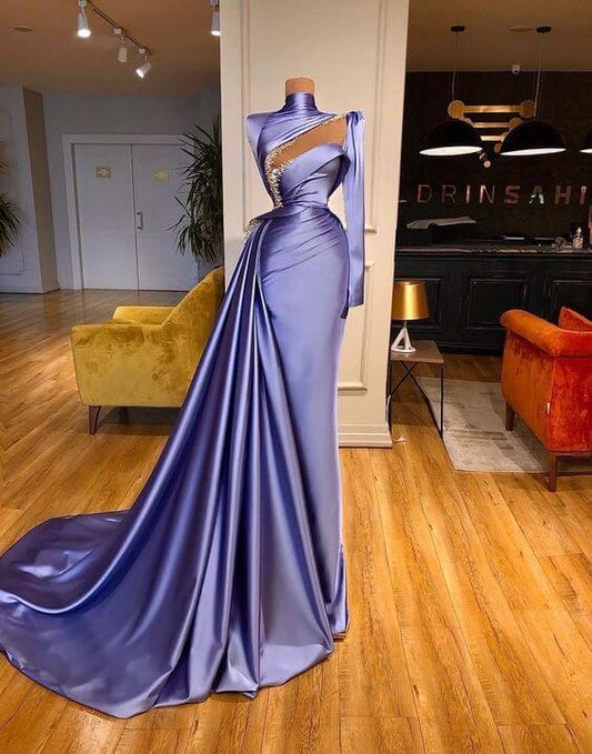 High Neck Long Sleeves Mermaid Prom Dress Beadings With Ruffles