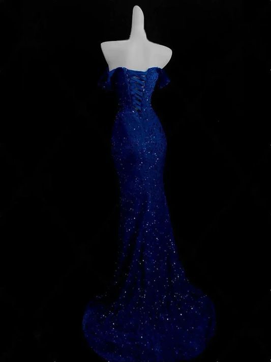 Blue Mermaid Sequins Sweetheart Prom Dress, Blue Off Shoulder Party Dress fg8727