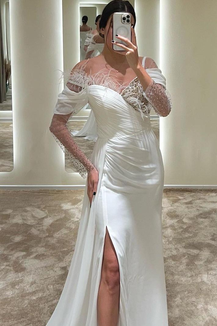 Charming White Chiffon Off the Shoulder Long Sleeves Sequins Prom Dress with Feathers