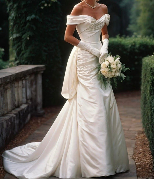 Elegant Mermaid Off the Shoulder Pleated Satin Long Sweep Wedding Dress SH4141