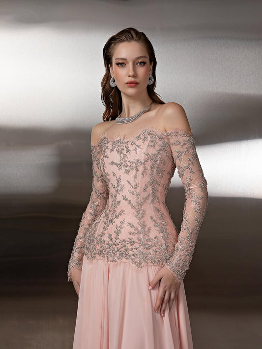 Long Sleeves Square Strapless Prom Dress With Appliques