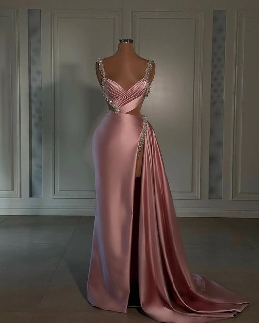 Pink Sleeveless Spaghetti Straps V-Neck Beads Mermaid Prom Dress