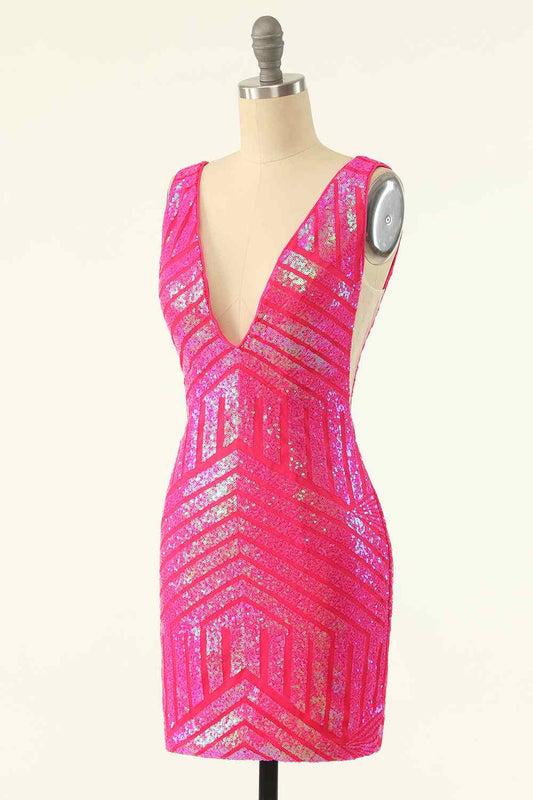Hot Pink Sheath V Neck Sequin-Embroidered Mini Homecoming Dress