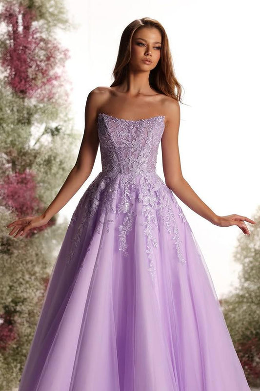 Beautiful Purple Tulle Sleeveless Strapless Applique A Line Prom Dress with Pleated