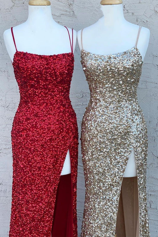 Charming Sparkle Sequins Mermaid Evening Dress Split With Spaghetti-Straps