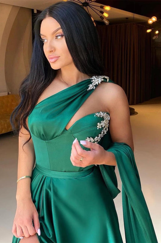 One-Shoulder Dark Green Beadings Slit Evening Dress Mermaid