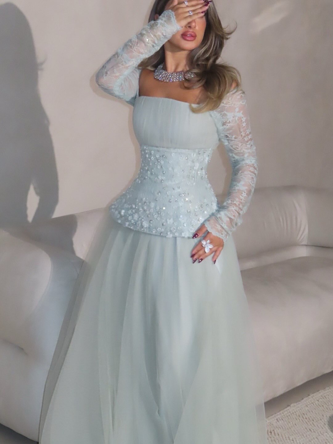 Stunning Long Sleeves Strapless Square Beads Tulle Prom Dress