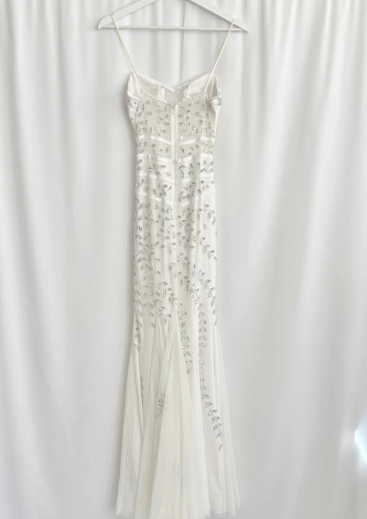 Gentle White Mermaid Spaghetti Straps Appliques Satin Tulle Long Prom Dress Evening Dress SH3545
