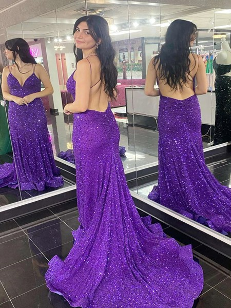 Purple V-Neck Backless Sequin Mermaid Prom Dresses SH667