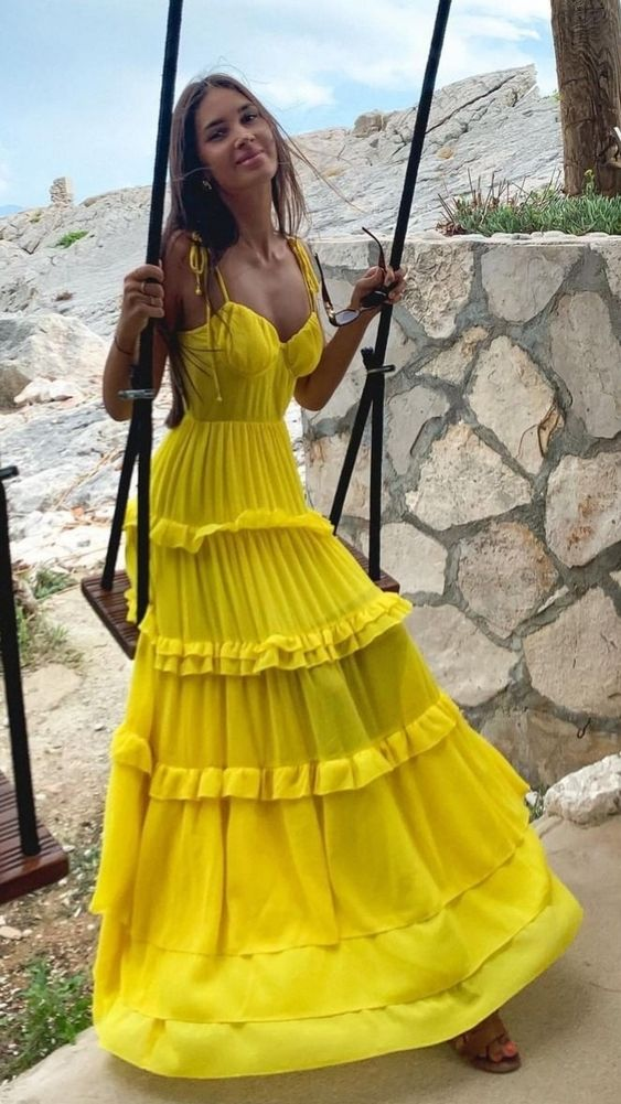 Yellow Spaghetti Strapless Long Prom Dresses Evening Dresses SH728