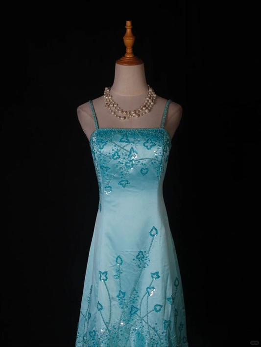 Stylish Spaghetti Straps Ombre Blue Satin Sequin Beaded Mermaid Long Evening Dress Party Gown D1404