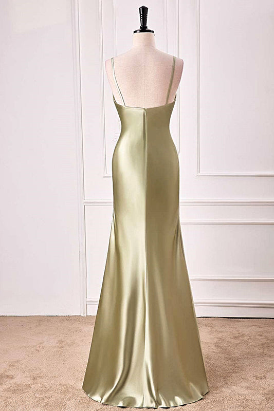 Dusty Sage Mermaid V Neck Satin Long Prom Dress