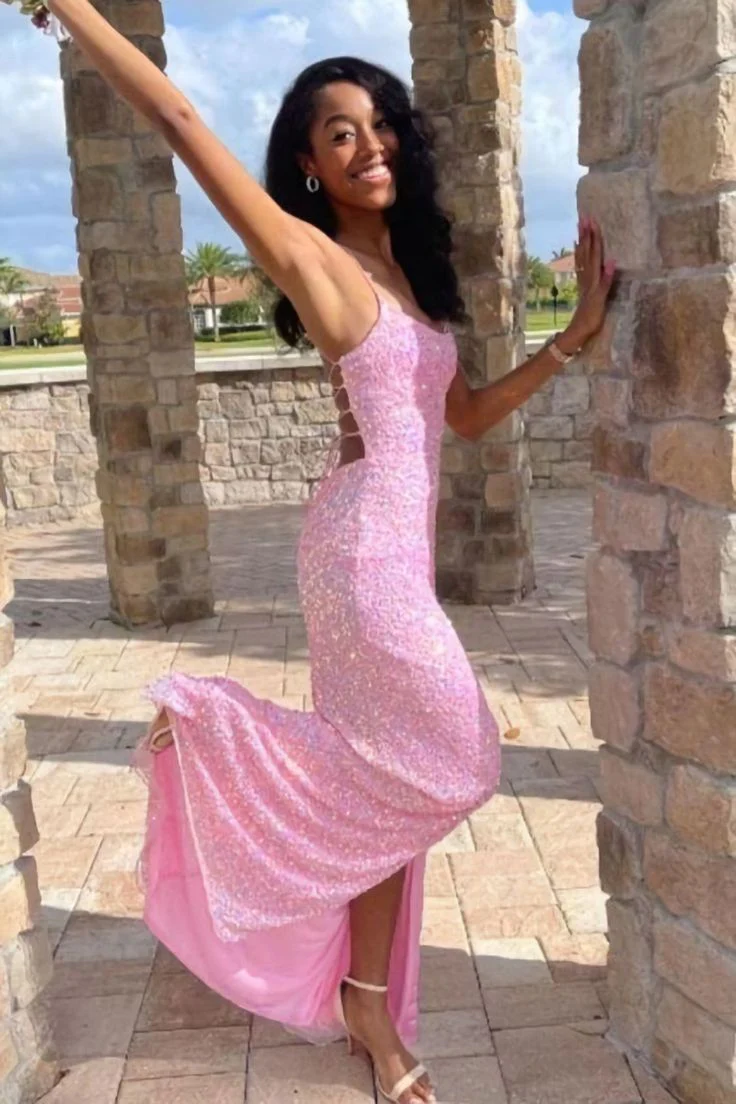 Pink Sequins Mermaid Long Prom Dress, With Side Slit SH809
