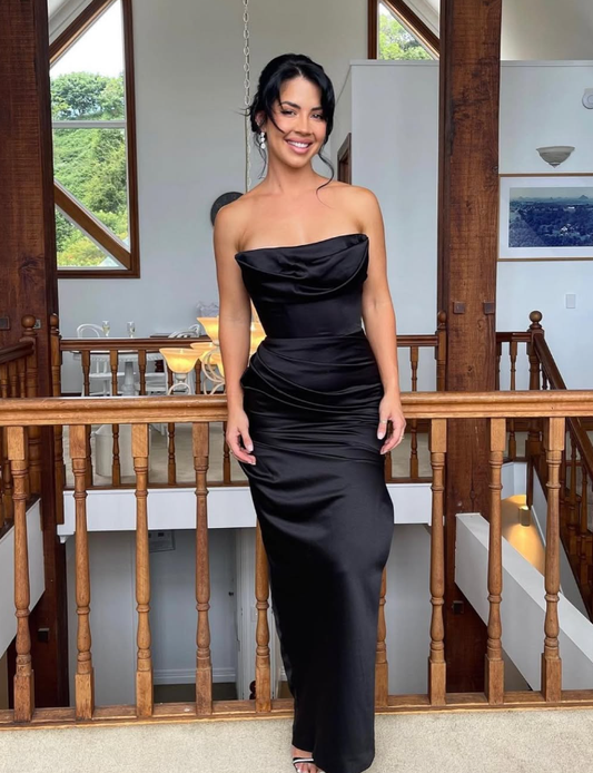 Charming Sheath Strapless Black Satin Long Prom Dress Evening Dress SH2049