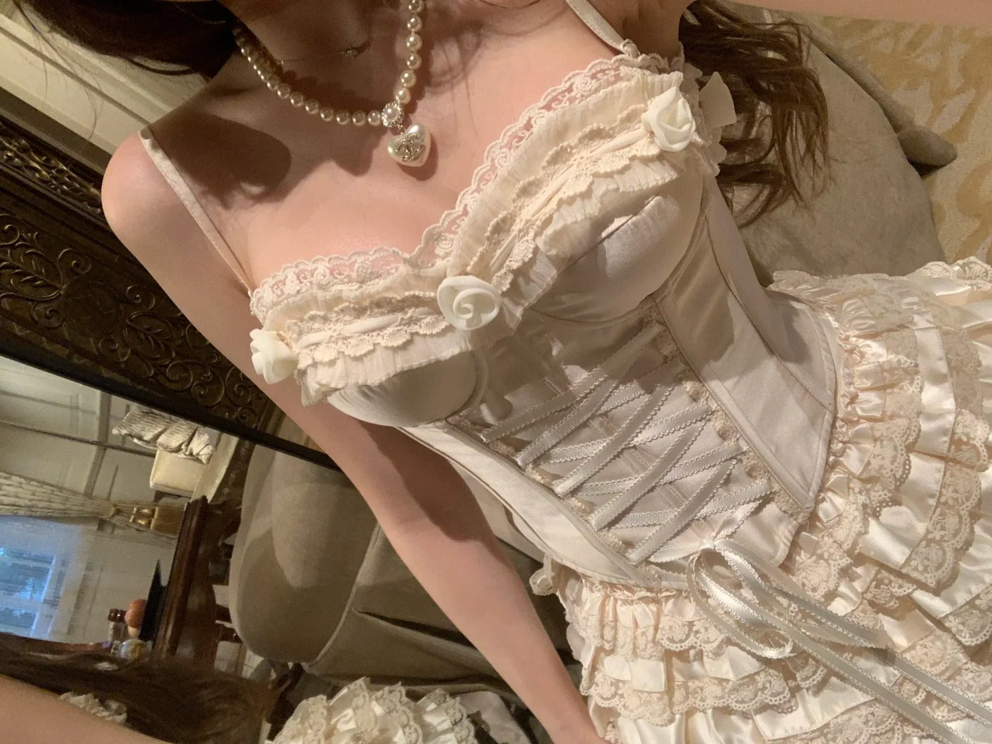 Elegant Homecoming Dress Spaghetti Strap Lace Cascade Dress Back to School Outfits Party Dress D6401