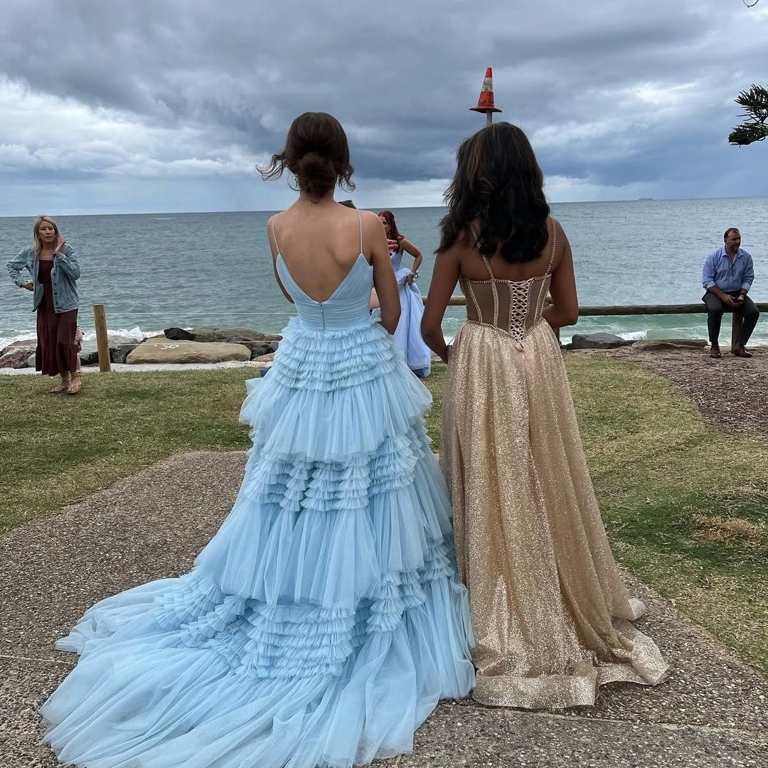 Baby Blue Deep V-Neck Spaghetti Straps A-Line Prom Dress