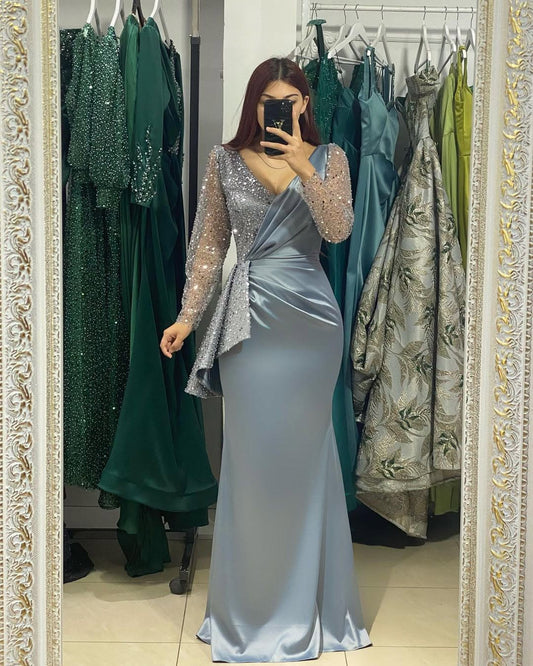 Long Sleeves V-Neck Mermaid Pleated Sequins Prom Dress