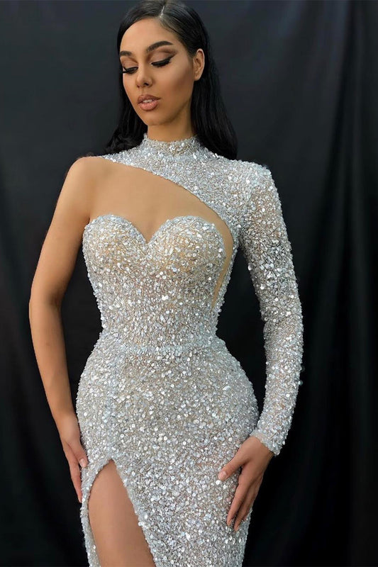 Long Sleeves One Shoulder High Collar Sweetheart Evening Dress With Split Sequins