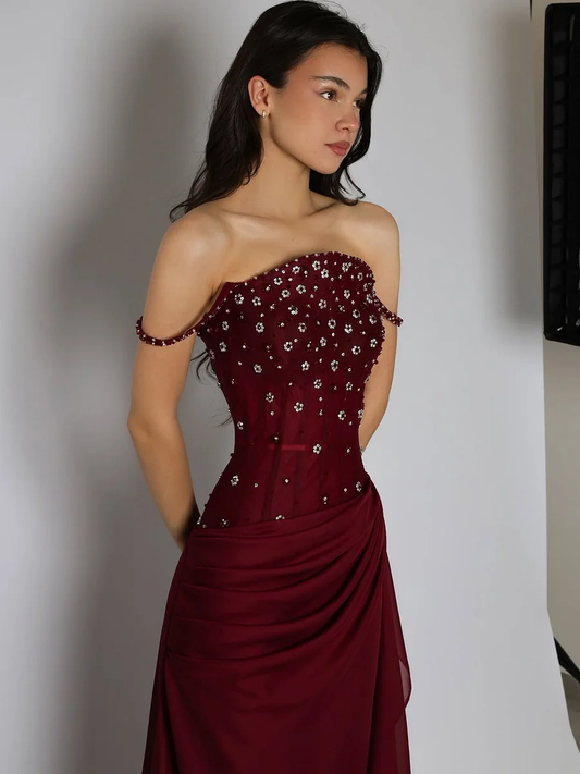 Burgundy Spaghetti Strap Prom Dress Mermaid Split with Rhinestone