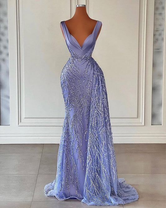 Sleeveless Deep V-Neck Embroidery Mermaid Prom Dress