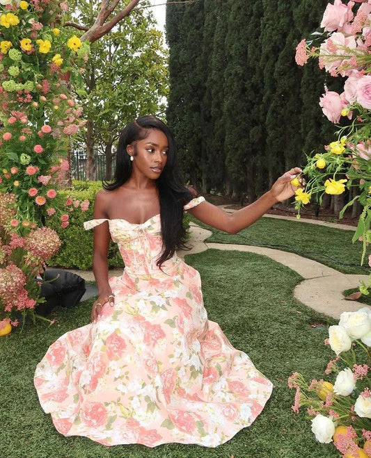 Elegant A Line Spaghetti Strap Print Floral Satin Prom Dress Evening Dress SH2386