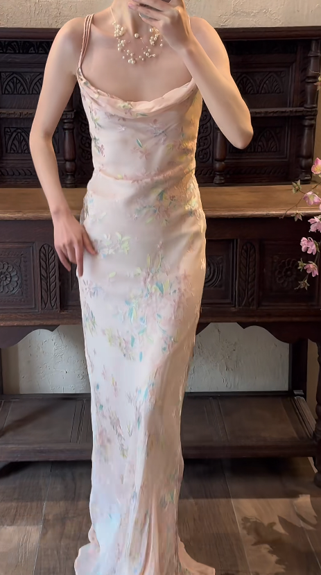 Sheath Pink Chiffon Prom Party Dress Vintage Flora Evening Dress fg8697