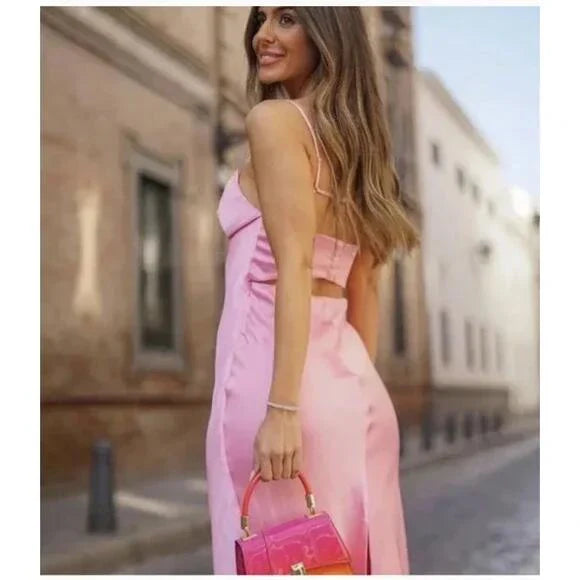 Simple Straps Sleeveless Party Dress Satin Pink Prom Dress fg5332
