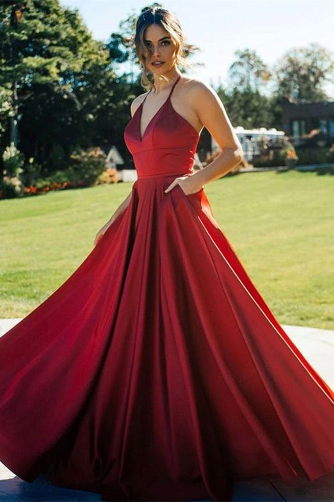 V-Neck Evening Dress WIth Pockets Red