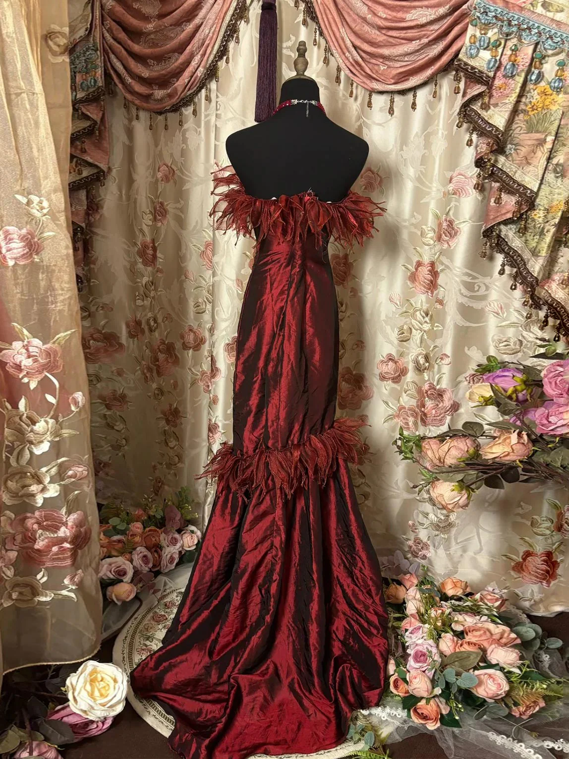 Unique Burgundy Strapless Sequin Satin Mermaid Long Wedding Guest Dress,Formal Birthdya Party Dress Prom Dress D2016