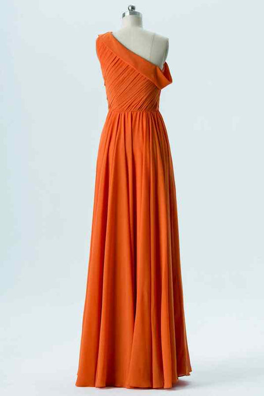 Orange A-line Asymmetrical Pleated Chiffon Long Bridesmaid Dress