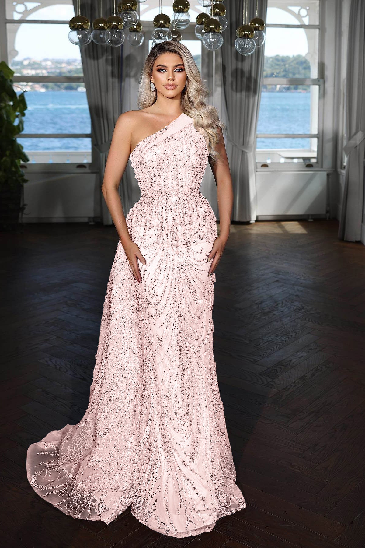 Charming Burgundy One Shoulder Sleeveless Long Mermaid Prom Dress with Beadings