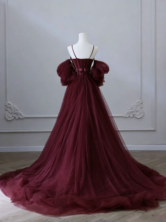 Wine Red Satin and Tulle Vintage Style Prom Dress, Sweetheart Long Party Dress fg8736
