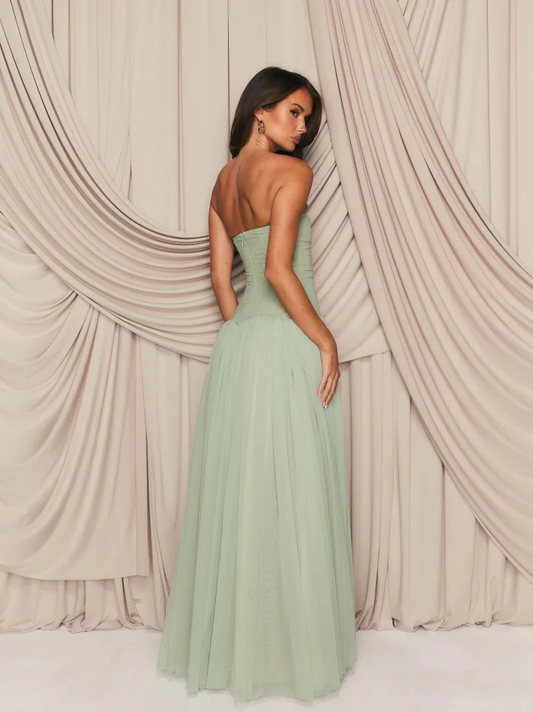 Charming Straight Across Sleeveless Pleated Tulle Evening Dress
