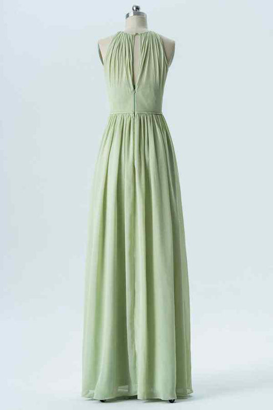 Agave A-line Halter Pleated Chiffon Long Bridesmaid Dress